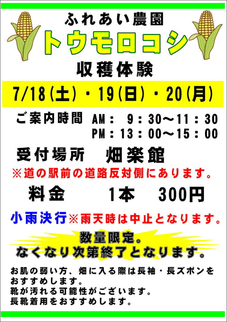 7/18(土)、19(日)、20(月)”トウモロコシ”の収穫体験